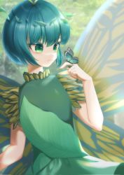 Rule 34 | 1girl, antennae, blue butterfly, blue hair, blurry, bug, butterfly, butterfly wings, closed mouth, day, depth of field, dress, eternity larva, flat chest, green dress, green eyes, green hair, hand up, highres, insect, insect wings, light smile, looking at animal, maguri rei, outdoors, short hair, short sleeves, solo, touhou, upper body, wings