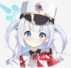 Rule 34 | 1girl, blue archive, blue eyes, blush, cherino (blue archive), coat, fake facial hair, fake mustache, hair ornament, halo, hat, highres, long hair, mimichoco, multicolored coat, pom pom (clothes), pom pom hair ornament, portrait, red coat, shako cap, simple background, solo, two-tone coat, two side up, white background, white coat, white hair