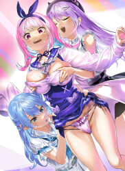 Rule 34 | 3girls, :o, absurdres, blue eyes, blue hair, blush, bow, bowtie, braid, breasts, colored inner hair, dress, ear piercing, grabbing, grabbing another&#039;s breast, grabbing from behind, hair between eyes, hair ornament, hair ribbon, hairclip, hat, highres, hololive, hoshimachi suisei, hoshimachi suisei (school uniform), kuroi suna, lace, lace-trimmed panties, lace trim, large breasts, long hair, long sleeves, looking at viewer, medium hair, minato aqua, minato aqua (sailor), multicolored hair, multiple girls, open mouth, panties, piercing, pink hair, purple eyes, purple hair, ribbon, star (symbol), star in eye, startend (hololive), streaked hair, sweat, symbol in eye, tokoyami towa, twin braids, twintails, two-tone hair, underwear, virtual youtuber