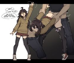 Rule 34 | 1girl, 2boys, :d, ahoge, arm up, before and after, bent over, black pants, black shirt, black thighhighs, borrowed character, brown footwear, brown hoodie, brown skirt, closed eyes, clothes lift, commission, condom, condom belt, english text, fellatio, full body, group sex, heart, heart-shaped pupils, hetero, highres, holding another&#039;s arm, holding another&#039;s wrist, hood, hood down, hoodie, instant loss, irrumatio, letterboxed, mae (maenchu), miniskirt, mmf threesome, multiple boys, multiple condoms, multiple views, no panties, open mouth, oral, original, pants, penis, sex, sex from behind, shirt, shoes, shuuko (s h uuko), skirt, skirt around belly, skirt lift, smile, speech bubble, spitroast, standing, standing sex, symbol-shaped pupils, teeth, thighhighs, threesome, tiptoes, trembling, upper teeth only, used condom, waving