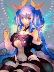 Rule 34 | 1girl, angel wings, asymmetrical wings, bare shoulders, belt, blue hair, breasts, center opening, choker, cleavage, closed mouth, detached sleeves, dizzy (guilty gear), grey background, guilty gear, guilty gear x, guilty gear xx, hair ribbon, hair rings, large breasts, light, long hair, long sleeves, looking at viewer, midriff, monster girl, navel, panties, puffy long sleeves, puffy sleeves, red eyes, ribbon, simple background, sitting, smile, solo, star (sky), star (symbol), stomach, tail, thigh strap, thighs, twintails, underboob, underwear, very long hair, wide sleeves, wings, yellow ribbon, yohane shimizu