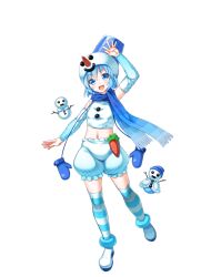 Rule 34 | 1girl, :d, arm up, arm warmers, blue hair, blue headwear, blue mittens, blue scarf, blue thighhighs, blush, boots, carrot, coat, dragon providence, full body, gloves, holding, holding stick, looking at viewer, midriff, mittens, navel, official art, open mouth, scarf, smile, snome (dragon providence), snowman, solo, standing, stick, striped clothes, striped thighhighs, thighhighs, third-party source, unworn mittens, white footwear, white gloves, white thighhighs