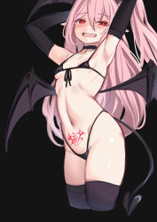 Rule 34 | 1girl, absurdres, armpits, bikini, black background, black choker, black gloves, black thighhighs, blush, breasts, choker, commentary, cowboy shot, cropped legs, demon girl, demon tail, demon wings, elbow gloves, english commentary, fang, front-tie bikini top, front-tie top, gloves, greenopi, head wings, highleg, highleg bikini, highres, lin (greenopi), long hair, looking at viewer, low wings, micro bikini, navel, one side up, open mouth, original, petite, pink hair, pubic tattoo, red eyes, simple background, small breasts, solo, swimsuit, tail, tattoo, thighhighs, thighs, very long hair, wings