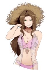 Rule 34 | 1girl, absurdres, aerith gainsborough, aerith gainsborough (sunny robe), bikini, bracelet, breasts, brown hair, cleavage, final fantasy, final fantasy vii, final fantasy vii ever crisis, green eyes, hat, highres, igusaharu, jewelry, large breasts, medium breasts, navel, official alternate costume, pink bikini, simple background, smile, solo, stomach, straw hat, swimsuit, upper body