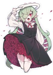 Rule 34 | 1girl, absurdres, black dress, colored inner hair, cowboy shot, cropped legs, dress, fangs, frilled dress, frilled sleeves, frills, garter straps, green hair, hair ornament, hair over one eye, hairclip, halo, highres, long hair, long sleeves, looking at viewer, multicolored hair, neck ribbon, open mouth, original, ouroboros, ouroboros-chan (zizi niisan), pinafore dress, pointy ears, puffy long sleeves, puffy sleeves, red eyes, red hair, ribbon, shirt, sleeveless, sleeveless dress, slit pupils, snake, solo, thighhighs, white shirt, white thighhighs, zizi niisan