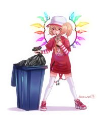 Rule 34 | 1girl, adam angel, alternate costume, artist name, bag, casual, commentary, cup, drinking, drinking straw, english commentary, flandre (kaibutsu oujo), flat cap, full body, glowing, glowing wings, hat, highres, holding, holding bag, holding cup, layered sleeves, long sleeves, multicolored wings, nike (company), print sweater, red eyes, red footwear, red sweater, short over long sleeves, short sleeves, simple background, solo, standing, sweater, thighhighs, touhou, trash bag, trash can, white background, white hat, white thighhighs, wings