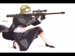 Rule 34 | 1girl, anti-materiel rifle, bad id, bad pixiv id, barrett m82, barrett m82a2, blonde hair, bullet casing, bullpup, casing ejection, formal, from side, glasses, gloves, gun, jacket, jcm2, letterboxed, long hair, muzzle device, name, on one knee, original, rifle, scope, semi-automatic firearm, semi-automatic rifle, shell casing, shoes, skirt, sniper rifle, solo, suit jacket, weapon