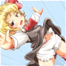 Rule 34 | 1girl, ascot, blonde hair, bloomers, clothes lift, embodiment of scarlet devil, fang, female focus, forehead, hair raising, hair ribbon, midriff, open mouth, outstretched arms, red eyes, ribbon, rumia, shirt, short hair, skirt, skirt lift, skirt set, solo, spread arms, touhou, underwear, yoriyuki chiyo