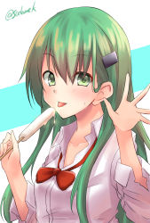 Rule 34 | 1girl, aqua hair, commentary request, food, green eyes, hair ornament, hairclip, highres, kamijou sadame, kantai collection, long hair, long sleeves, looking at viewer, one-hour drawing challenge, popsicle, red neckwear, shirt, solo, suzuya (kancolle), tongue, tongue out, twitter username, two-tone background, upper body, white background, white shirt