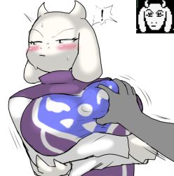 Rule 34 | 1girl, animal ears, blush, grabbing another&#039;s breast, breasts, furry, furry female, furry girl, goat, goat ears, goat girl, goat horns, grabbing, horns, large breasts, long ears, looking away, sweat, tagme, toriel, undertale, white horns