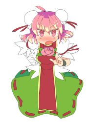 Rule 34 | &gt;:o, 1girl, :o, ahoge, bandages, bandaged arm, bun cover, cuffs, double bun, flower, hand on own hip, ibaraki kasen, index finger raised, ini (inunabe00), pink eyes, pink hair, pink rose, rose, scolding, shackles, short hair, solo, touhou, v-shaped eyebrows