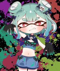 Rule 34 | 1girl, alternate costume, black bow, black gloves, blue shorts, bow, butterfly in eye, cephalopod eyes, collar, cowboy shot, detached collar, earrings, gloves, gradient gloves, green hair, highres, hime cut, hololive, inkling, inkling girl, inkling player character, jewelry, looking at viewer, medium hair, nintendo, outstretched hand, paint splatter, shorts, sidelocks, simple background, splatoon (series), splatter, squid, strapless, tanaka yutti, tentacle hair, tentacles, tube top, uruha rushia, uruha rushia (1st costume), virtual youtuber