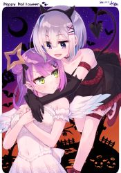 Rule 34 | 2girls, :d, amane kanata, angel wings, arm garter, arms around neck, bare shoulders, black choker, black dress, black gloves, black ribbon, blue hair, blush, breasts, choker, collarbone, commentary request, crescent moon, dated, demon horns, demon tail, dress, ear piercing, elbow gloves, eyes visible through hair, fake horns, fangs, frilled dress, frills, gloves, green eyes, hair between eyes, hair bun, hair ornament, hair ribbon, hairclip, halloween, halo, hand on own chest, happy halloween, highres, hikawa shou, hololive, horns, looking at another, moon, multiple girls, night, night sky, open mouth, piercing, pink hair, purple eyes, purple hair, red footwear, ribbon, shoes, short hair, silver hair, single hair bun, sky, smile, star halo, strapless, strapless dress, sweat, tail, tail ornament, tail piercing, thigh strap, tokoyami towa, virtual youtuber, white dress, wings, x hair ornament