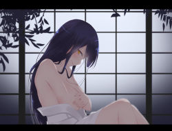 Rule 34 | 1girl, bare shoulders, black hair, blush, breasts, cleavage, closed mouth, commentary request, covering privates, covering breasts, from side, gv natsuno, indoors, knees up, large breasts, letterboxed, long hair, looking at viewer, looking to the side, naked shirt, nijisanji, profile, shirt, shizuka rin, sideways glance, sitting, smile, solo, very long hair, virtual youtuber, white shirt, yellow eyes