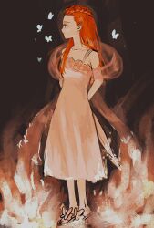 Rule 34 | 1girl, ace attorney, bare shoulders, braid, bug, butterfly, closed mouth, dahlia hawthorne, dress, fire, full body, hagoromo, highres, insect, long hair, profile, red hair, renshu usodayo, shawl, sleeveless, sleeveless dress, solo, spaghetti strap, standing, white butterfly, white dress