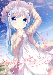 Rule 34 | 1girl, :d, arm up, blue eyes, blue flower, blue hair, blue sky, blush, brown jacket, character name, chinomaron, cloud, commentary request, day, dress, flower, flower wreath, frilled dress, frills, gochuumon wa usagi desu ka?, hair ornament, happy birthday, head tilt, head wreath, highres, jacket, kafuu chino, long hair, long sleeves, looking at viewer, open clothes, open jacket, open mouth, outdoors, petals, pink flower, signature, sky, smile, solo, very long hair, white dress, wind, x hair ornament