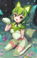 Rule 34 | 1girl, :d, animal hands, blush, breasts, commentary request, creatures (company), ekakima kuru (artist), eyelashes, fangs, flower, game freak, gloves, grass, green hair, green thighhighs, hands up, highres, medium breasts, medium hair, nintendo, open mouth, outdoors, paw gloves, personification, pokemon, pokemon ears, purple flower, red eyes, short shorts, shorts, smile, solo, sprigatito, thighhighs, thighs, tongue