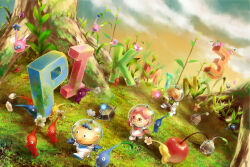 Rule 34 | 1girl, 2boys, alien, alph (pikmin), big nose, black eyes, blue eyes, blue gloves, blue hair, blue light, blue pikmin, blue skin, brittany (pikmin), brown hair, bud, carrying, charlie (pikmin), cherry, clenched hand, closed mouth, cloud, colored skin, commentary request, copyright name, facial hair, flower, flying, food, freckles, frown, fruit, glasses, gloves, grass, green gloves, green light, grey skin, highres, holding, insect wings, koppad, leaf, looking at another, mohawk, moppu810, moss, multiple boys, mustache, nintendo, open mouth, outdoors, pikmin (creature), pikmin (series), pikmin 3, pink gloves, pink hair, pink light, pink skin, pink skirt, pointy nose, purple flower, purple hair, purple pikmin, purple skin, radio antenna, red-framed eyewear, red eyes, red pikmin, red skin, rock pikmin, short hair, sitting, skirt, smile, solid oval eyes, spacesuit, sunset, tree, triangle mouth, very short hair, walking, whistle, white flower, white pikmin, white skirt, winged pikmin, wings, yellow pikmin, yellow skin