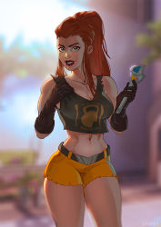 Rule 34 | 1girl, abs, breasts, brigitte (overwatch), brown hair, cleavage, eva solo, freckles, gloves, highres, midriff, navel, overwatch, overwatch 1, ponytail, short shorts, shorts, tank top