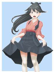 Rule 34 | 1girl, black hair, black hakama, blue background, border, commentary request, grey eyes, hakama, hakama hold, hakama short skirt, hakama skirt, highres, houshou (kancolle), japanese clothes, kantai collection, kimono, lifting own clothes, looking at viewer, open mouth, pink kimono, ponytail, skirt, solo, standing, t2r, tasuki, thighhighs, two-tone background, white border, white thighhighs
