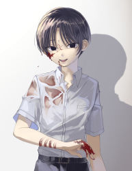 Rule 34 | 1boy, absurdres, belt, blood, blood on clothes, blood on face, blood splatter, brown eyes, brown hair, child, commentary request, gakuran, hair between eyes, highres, looking at viewer, male focus, ngron027, open mouth, original, school uniform, shirt, short hair, shorts, simple background, smile, solo