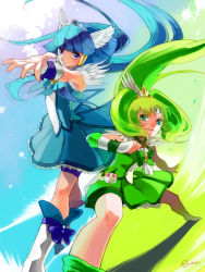 Rule 34 | 10s, 2girls, aoki reika, bike shorts, blue background, blue dress, blue eyes, blue hair, blue skirt, blue theme, boots, choker, cure beauty, cure march, dress, green background, green dress, green eyes, green hair, green shorts, green skirt, green theme, hair tubes, head wings, highres, knee boots, long hair, magical girl, midorikawa nao, multiple girls, outstretched arms, outstretched hand, ponytail, precure, shorts, shorts under skirt, skirt, smile, smile precure!, squatting, tiara, tri tails, two-tone background, wings, wrist cuffs