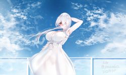 Rule 34 | 1girl, armpits, artist name, azur lane, blue sky, blush, breasts, casual, cleavage cutout, clothing cutout, colorado (azur lane), dress, earrings, hair over one eye, hand in own hair, heart, heart earrings, highres, jewelry, large breasts, long hair, looking at viewer, pale skin, paundo2, red eyes, see-through, sky, sleeveless, sleeveless dress, white dress