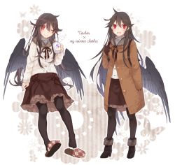 Rule 34 | 1girl, :d, alternate costume, arm at side, backpack, bad id, bad pixiv id, bag, bird wings, black wings, boots, brown hair, bug, butterfly, buttons, coat, contemporary, cup, feathered wings, flower, frilled skirt, frills, full body, fur-trimmed boots, fur trim, hair between eyes, highres, holding, holding cup, bug, long hair, long sleeves, looking at viewer, multiple views, no headwear, one eye closed, open mouth, pantyhose, partially unbuttoned, red eyes, reiuji utsuho, shoes, single shoe, skirt, slippers, smile, standing, steam, touhou, toutenkou, turtleneck, wings