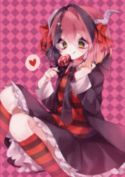 Rule 34 | + +, 1girl, :q, argyle, argyle background, argyle clothes, bad id, bad pixiv id, black hair, black jacket, black necktie, bob cut, bow, candy, chromatic aberration, collared shirt, colored tongue, commentary, crea flankenstein, film grain, food, frilled skirt, frills, funamusea, green eyes, green tongue, grey nails, hair between eyes, hair bow, heart, highres, holding, holding candy, holding food, holding lollipop, hood, hood down, hooded jacket, irotori owari, jacket, lollipop, long sleeves, multicolored hair, nail polish, necktie, object through head, patchwork skin, pink hair, red bow, scar, screw, screw in head, shirt, sitting, skirt, smile, solo, sparks, spoken heart, stitches, striped clothes, striped shirt, striped thighhighs, swirl lollipop, symbol-only commentary, symbol-shaped pupils, thighhighs, tongue, tongue out, two-tone hair