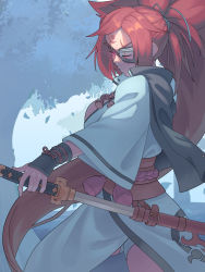 Rule 34 | 1girl, amputee, baiken, big hair, breasts, cleavage, ehlgirl, eyepatch, facial tattoo, guilty gear, guilty gear strive, highres, japanese clothes, katana, kimono, large breasts, long hair, one-eyed, open clothes, open kimono, pink hair, ponytail, samurai, sash, scar, scar across eye, scar on face, solo, sword, tattoo, weapon