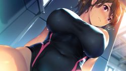 Rule 34 | 1girl, bare arms, bare legs, bare shoulders, blurry, blush, breasts, brown hair, competition swimsuit, covered navel, depth of field, embarrassed, from below, game cg, groin, hamashima shigeo, indoors, kazama natsuki, large breasts, legs, long hair, looking at viewer, one-piece swimsuit, original, pink eyes, ponytail, shinsou noise: jushin tantei no jikenbo, shiny clothes, solo, sweat, swimsuit, thighs, upper body