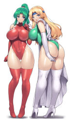 Rule 34 | 2girls, :o, ass, asymmetrical docking, blonde hair, blue eyes, blush, boots, breast press, celes chere, closed mouth, covered navel, elbow gloves, final fantasy, final fantasy vi, full body, gloves, green hair, green leotard, hand on another&#039;s shoulder, headband, high heel boots, high heels, impossible clothes, impossible leotard, leaning forward, leotard, long hair, multiple girls, nagase haruhito, open mouth, parted bangs, ponytail, red footwear, red gloves, red leotard, short hair, simple background, single thighhigh, standing, thigh boots, thighhighs, tina branford, very long hair, white background, white footwear, white gloves