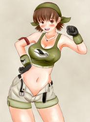 Rule 34 | 1girl, alternate costume, armband, bandana, belt, blush, breasts, brown eyes, brown hair, gloves, jewelry, large breasts, navel, necklace, open belt, open clothes, open fly, open shorts, rirakukan, ryuuko no ken, shorts, snk, solo, sports bra, standing, the king of fighters, unbuckled, unbuttoned, undressing, unzipped, wristband, yuri sakazaki
