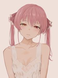 Rule 34 | 1girl, beige background, blush, collarbone, demo (playingdemo), dress, eyebrows hidden by hair, hair between eyes, head tilt, heterochromia, highres, hololive, houshou marine, lingerie, negligee, parted lips, red eyes, red hair, solo, twintails, underwear, upper body, virtual youtuber, white dress, yellow eyes