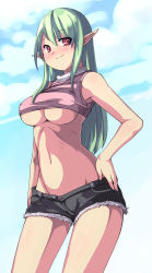 Rule 34 | 1girl, blush, breasts, female focus, green hair, highres, large breasts, long hair, navel, original, outdoors, pointy ears, red eyes, saiste, shorts, sky, smile, solo, underboob