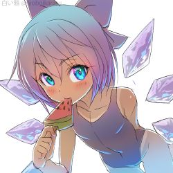 Rule 34 | 1girl, blue bow, bow, cirno, dark-skinned female, dark skin, eating, food, fruit, holding, holding food, ice, ice wings, popsicle, shiroi karasu, short hair, solo, swimsuit, tanned cirno, touhou, watermelon, watermelon bar, wings