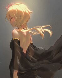 Rule 34 | 1girl, back, black dress, blonde hair, commentary, detached sleeves, dress, english commentary, facing away, film grain, flower, genshin impact, grey background, hair flower, hair ornament, highres, light particles, long sleeves, lumine (genshin impact), off-shoulder dress, off shoulder, red flower, seoby, short hair with long locks, signature, simple background, solo, spider lily, wide sleeves, wind, yellow eyes
