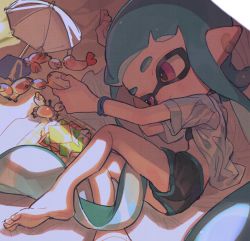 Rule 34 | 1girl, aspara, barefoot, blue hair, breasts, crab, feet, female focus, highres, inkling player character, lying, nintendo, on side, parasol, pointy ears, shadow, short shorts, shorts, small breasts, solo, splatoon (series), tentacle hair, toes, umbrella