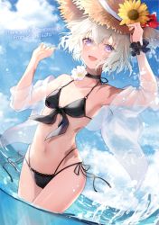 Rule 34 | 1girl, :d, arisato yui, arms up, bad id, bad pixiv id, bare shoulders, bikini, black bikini, black choker, blue sky, blush, breasts, brown hat, choker, cloud, collarbone, commentary request, commission, day, english text, flower, front-tie bikini top, front-tie top, hair flower, hair ornament, hat, hat flower, hat ornament, highres, long sleeves, looking at viewer, navel, ocean, off shoulder, open clothes, open mouth, original, outdoors, purple eyes, scrunchie, see-through, short hair, side-tie bikini bottom, silver hair, skeb commission, sky, small breasts, smile, solo, stomach, straw hat, sunflower, sunflower hair ornament, swimsuit, swimsuit cover-up, wading, water, white flower, wrist scrunchie