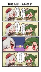 Rule 34 | 2girls, 4koma, beret, chibi, comic, cup, food, g28 (girls&#039; frontline), g36c (girls&#039; frontline), girls&#039; frontline, green hair, hair ornament, hairclip, hat, imoko (imonatsuki), multiple girls, one eye covered, plate, pretzel, red eyes, speech bubble, table, teacup, white hair