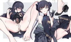 Rule 34 | 1girl, aftersex, bar censor, bare legs, barefoot, black dress, black gloves, black hair, black panties, blue archive, blush, breasts, butterfly hair ornament, censored, coat, condom, condom left inside, cum, cum in clothes, cum in footwear, cum in gloves, cum on body, cum on feet, cum on hands, double bun, dragon print, dress, gloves, grey coat, hair bun, hair ornament, halo, highres, kisaki (blue archive), looking at viewer, multiple views, nakamura rohane, panties, pussy, see-through panties, simple background, sleeveless, sleeveless dress, small breasts, smile, spread legs, spread pussy, steam, striped, striped coat, sweatdrop, toes, twintails, underwear, used condom, vertical-striped coat