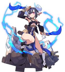 Rule 34 | 1girl, animal ears, arm up, armor, artist request, bare shoulders, black footwear, black hair, blue gemstone, blush, bob cut, boots, breasts, cannon, castle, circlet, closed mouth, clothing cutout, collarbone, cow ears, cow girl, cow tail, curled horns, day, detached sleeves, dual wielding, electricity, facial mark, female focus, full body, gem, greaves, highres, holding, holding sword, holding weapon, horns, jumping, khopesh, leg tattoo, leg up, legs, light blush, long sleeves, looking at viewer, memram (world flipper), multicolored hair, non-web source, official art, outdoors, outstretched arm, pelvic curtain, pennant, pink eyes, puffy long sleeves, puffy sleeves, sheath, shiny skin, short hair, sidelocks, small breasts, solo, sword, tail, tattoo, thighs, transparent background, two-tone hair, underboob cutout, v-shaped eyebrows, weapon, white hair, world flipper