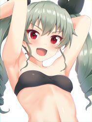 Rule 34 | 1girl, :d, absurdres, anchovy (girls und panzer), armpits, arms behind head, black ribbon, breasts, drill hair, girls und panzer, green hair, hair ribbon, highres, koumei (twinameless), long hair, looking at viewer, navel, open mouth, red eyes, ribbon, simple background, small breasts, smile, solo, twin drills, upper body, white background