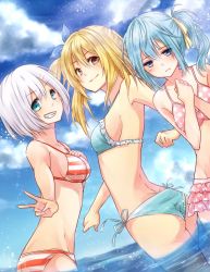 Rule 34 | 3girls, ass, bad id, bad pixiv id, bikini, blonde hair, blue bikini, blue eyes, blue hair, blush, breasts, chiu (93spica), cloud, cowboy shot, day, dimples of venus, dutch angle, fairy tail, frilled bikini, frills, green eyes, grin, hair ribbon, juvia lockser, lisanna strauss, long hair, looking at viewer, looking down, lucy heartfilia, medium breasts, multiple girls, own hands together, partially submerged, polka dot, polka dot bikini, polka dot swimsuit, ribbon, short hair, side-tie bikini bottom, side ponytail, sideboob, silver hair, smile, standing, striped bikini, striped clothes, swimsuit, v, wading, water