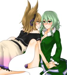 Rule 34 | 2girls, bad id, bad twitter id, blush, breasts, brown eyes, brown hair, cleavage, dress, earmuffs, ghost, green dress, green eyes, green hair, hair between eyes, long sleeves, looking at another, medium breasts, multiple girls, no headwear, no headwear, off shoulder, open clothes, open dress, pointy hair, short sleeves, smile, soga no tojiko, sweat, touhou, toyosatomimi no miko, usagiman10, white background, yuri
