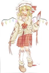 Rule 34 | 1girl, :d, absurdres, bandaid, bandaid on knee, bandaid on leg, blonde hair, bow, brown footwear, camisole, choker, crystal wings, fang, flandre scarlet, frilled socks, frills, full body, hat, hat bow, highres, holding, holding knife, jacket, kneehighs, knife, leg warmers, medium hair, mob cap, open mouth, plaid, plaid skirt, pointy ears, rainbow order, red bow, red choker, red eyes, red skirt, single off shoulder, single sidelock, single sleeve past fingers, skin fang, skirt, smile, socks, thick eyebrows, touhou, white background, white camisole, white headwear, wwparasi