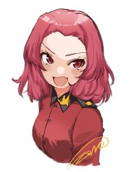 Rule 34 | 1girl, :d, artist name, commentary, fang, girls und panzer, highres, jacket, looking at viewer, medium hair, military, military uniform, open mouth, red eyes, red hair, red jacket, rosehip (girls und panzer), signature, simple background, skin fang, smile, solo, st. gloriana&#039;s military uniform, uniform, upper body, white background, zono (inokura syuzo029)