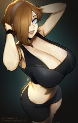 Rule 34 | 1girl, absurdres, aqua background, asymmetrical bangs, aurahack, backlighting, black background, breasts, brown hair, cleavage, from above, gym shirt, hair over one eye, highres, huge breasts, original, shirt, shorts, solo, sports bra, standing, sweat, thighs