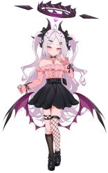 Rule 34 | 1girl, absurdres, alternate costume, bandaid, bandaid on hand, bandaid on knee, bandaid on leg, bandaid on thigh, black choker, black footwear, black nails, black skirt, blue archive, blush, bow, choker, demon horns, dress, fishnet thighhighs, fishnets, full body, grey hair, hair bow, hair ornament, hairclip, halo, highres, hina (blue archive), horns, jewelry, jirai kei, long hair, looking at viewer, low wings, necklace, off-shoulder shirt, off shoulder, parted lips, pink shirt, purple eyes, shirt, simple background, single sock, single thighhigh, skirt, socks, solo, thigh strap, thighhighs, two side up, very long hair, white background, wings, yozora (1wkdgusdn)