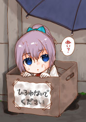 Rule 34 | 10s, 1girl, :o, absurdres, blue eyes, box, cardboard box, daga kotowaru, for adoption, gloves, hair ornament, highres, in box, in container, kantai collection, kutouten, looking to the side, neck ribbon, pink hair, ponytail, red ribbon, ribbon, school uniform, shiranui (kancolle), short hair, solo, translation request, umbrella, wet, white gloves